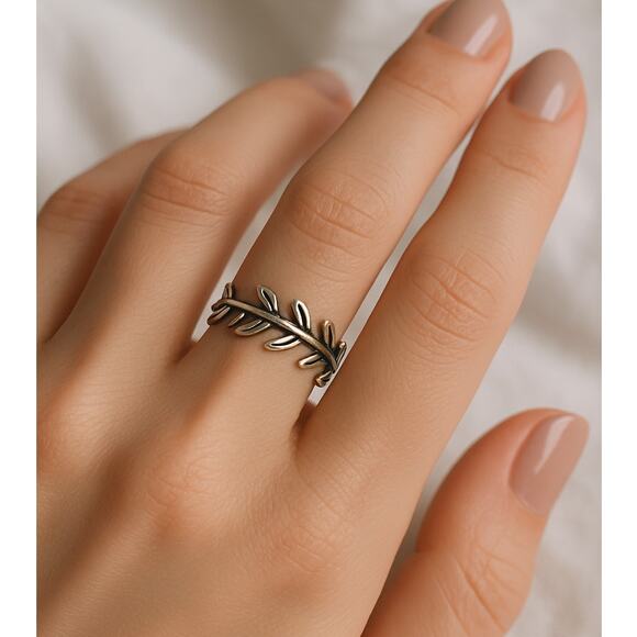 Boho Olive Leaf Band Ring Silver 925 Pandora Size 6 - Picture 1 of 7